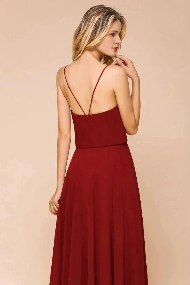 Spaghetti Chiffon Bridesmaid Dress Backless Burgundy Floor-Length Beach Wedding Dress - Image 7