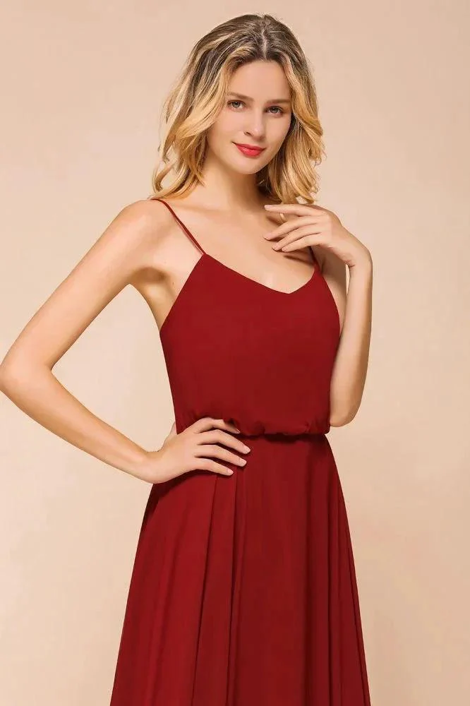 Spaghetti Chiffon Bridesmaid Dress Backless Burgundy Floor-Length Beach Wedding Dress - Image 8