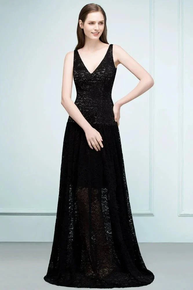 Spaghetti Floor Length A-line V-neck Lace Bridesmaid Dresses - Image 4