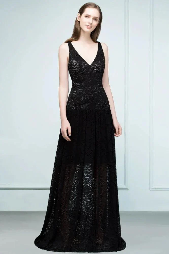 Spaghetti Floor Length A-line V-neck Lace Bridesmaid Dresses - Image 6