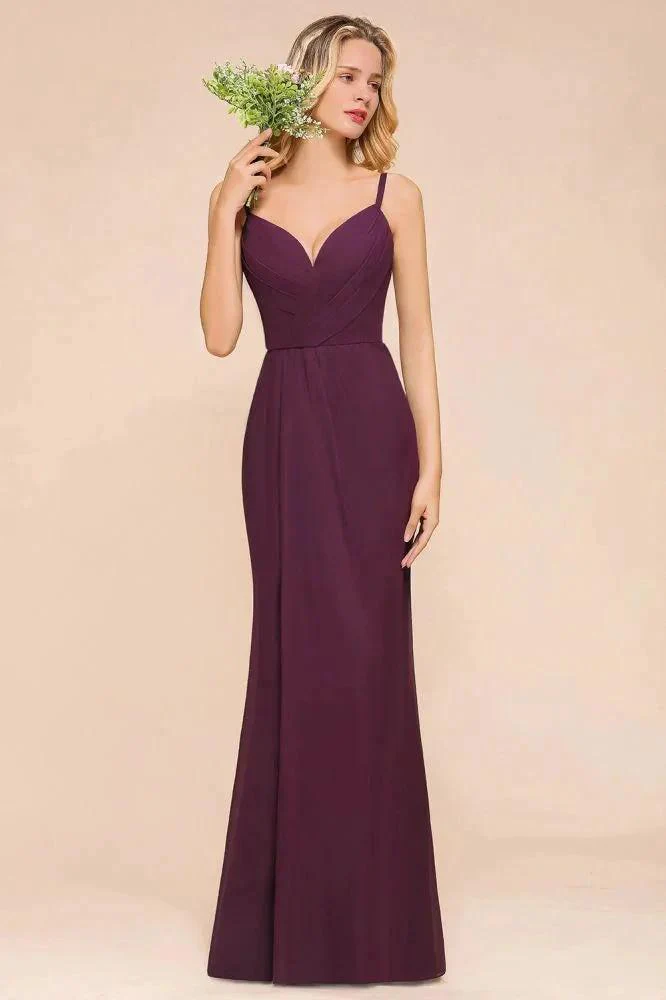 Spaghetti Mermaid Bridesmaid Dress Chiffon Simple Floor Length Party Gown - Image 3