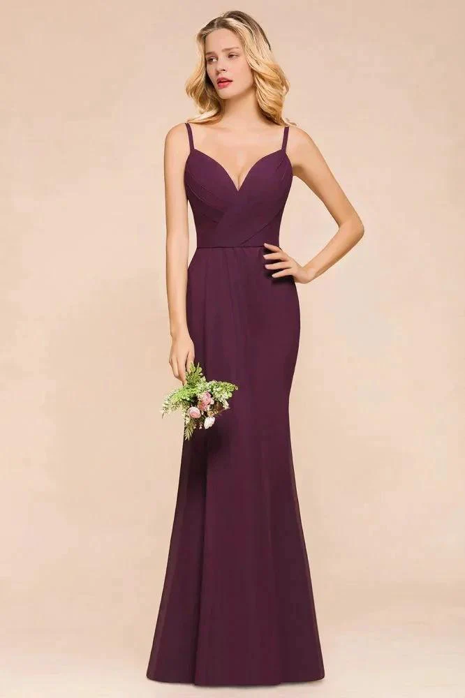 Spaghetti Mermaid Bridesmaid Dress Chiffon Simple Floor Length Party Gown - Image 5