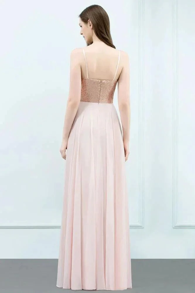 Spaghetti Sequined Top A-line Floor Length Chiffon Prom Dresses - Image 2