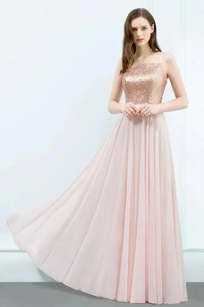 Spaghetti Sequined Top A-line Floor Length Chiffon Prom Dresses - Image 3