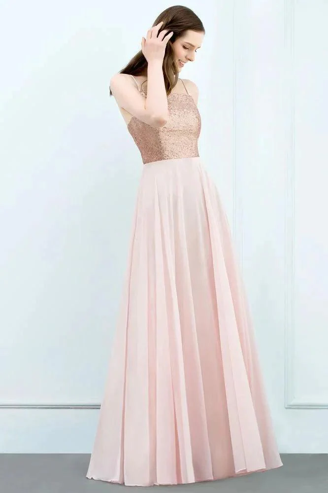Spaghetti Sequined Top A-line Floor Length Chiffon Prom Dresses - Image 4