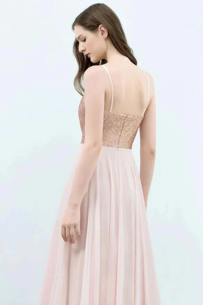 Spaghetti Sequined Top A-line Floor Length Chiffon Prom Dresses - Image 5