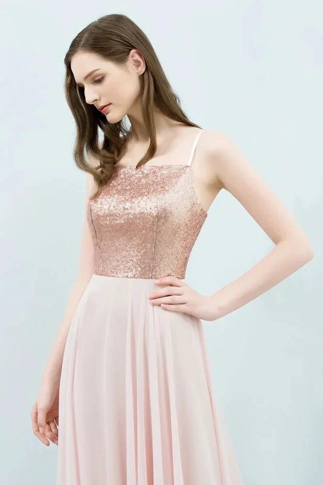 Spaghetti Sequined Top A-line Floor Length Chiffon Prom Dresses - Image 6