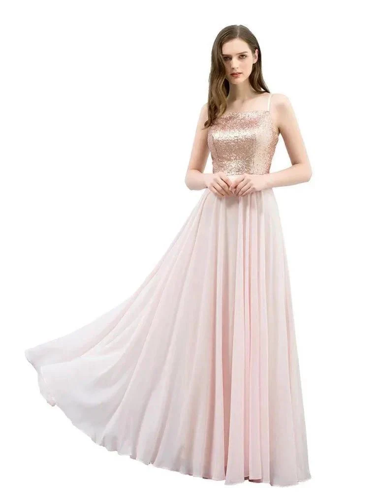 Spaghetti Sequined Top A-line Floor Length Chiffon Prom Dresses - Image 7