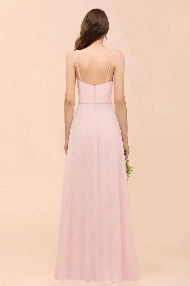 Spaghetti Side Split Pink Bridesmaid Dress Beach Simple Wedding Dress - Image 2