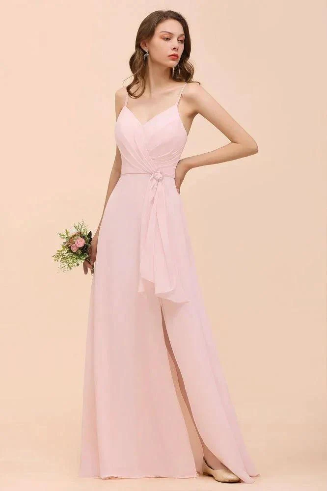 Spaghetti Side Split Pink Bridesmaid Dress Beach Simple Wedding Dress - Image 3