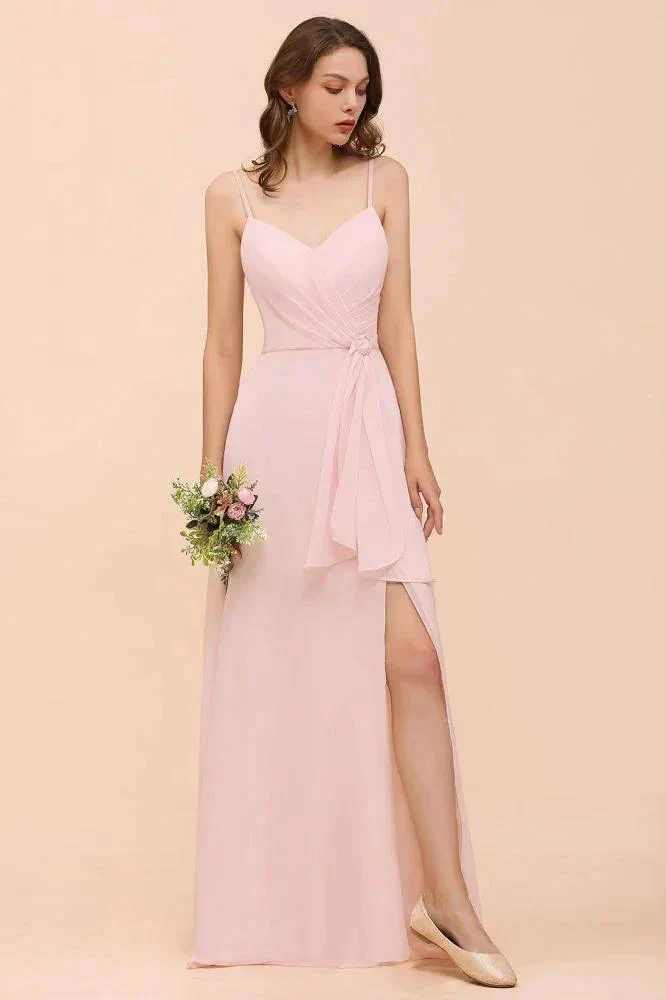 Spaghetti Side Split Pink Bridesmaid Dress Beach Simple Wedding Dress - Image 5