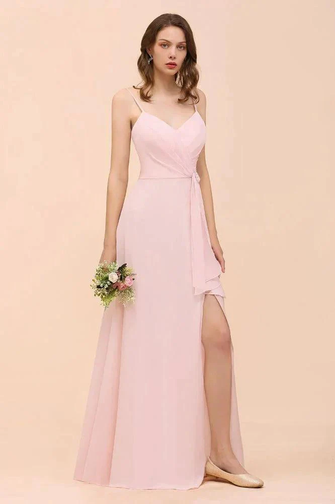 Spaghetti Side Split Pink Bridesmaid Dress Beach Simple Wedding Dress - Image 7