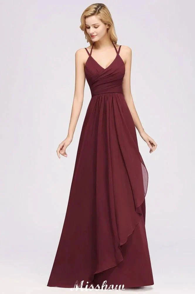 Spaghetti Sleeveless Ruffles A-line Chiffon Bridesmaid Dresses Straps Evening Maxi Dress - Image 3