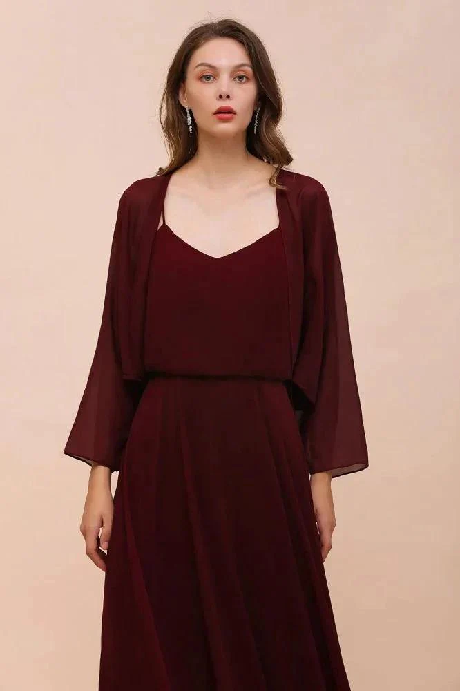 Spaghetti Sraps Burgundy Bridesmaid Dress with Wraps Floor Length Wedding Guest Dres - Image 3