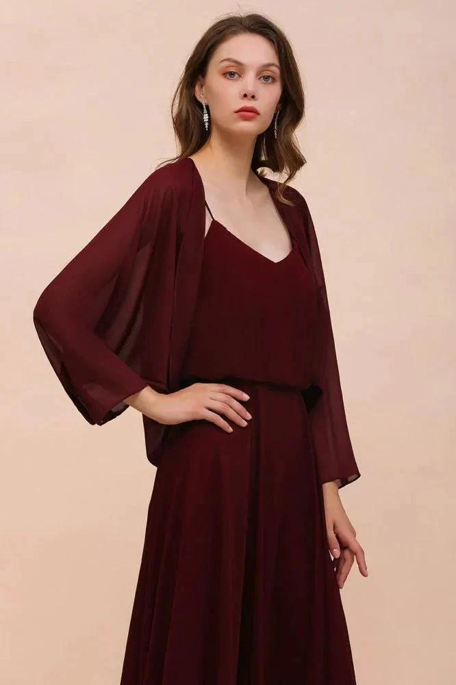 Spaghetti Sraps Burgundy Bridesmaid Dress with Wraps Floor Length Wedding Guest Dres - Image 4