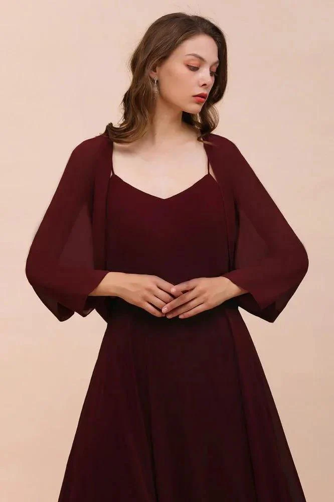 Spaghetti Sraps Burgundy Bridesmaid Dress with Wraps Floor Length Wedding Guest Dres - Image 5