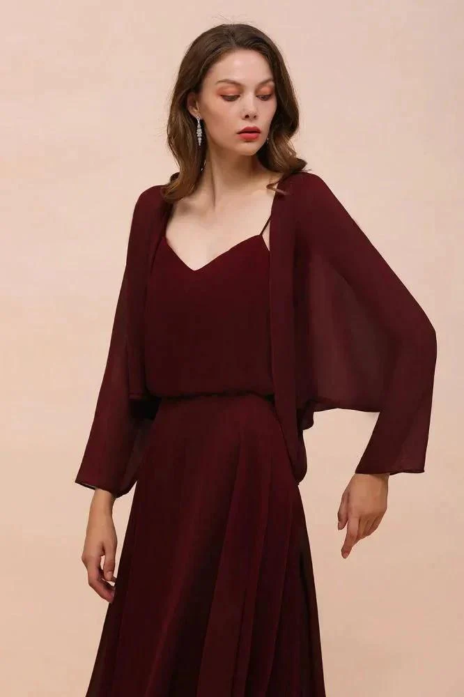 Spaghetti Sraps Burgundy Bridesmaid Dress with Wraps Floor Length Wedding Guest Dres - Image 6