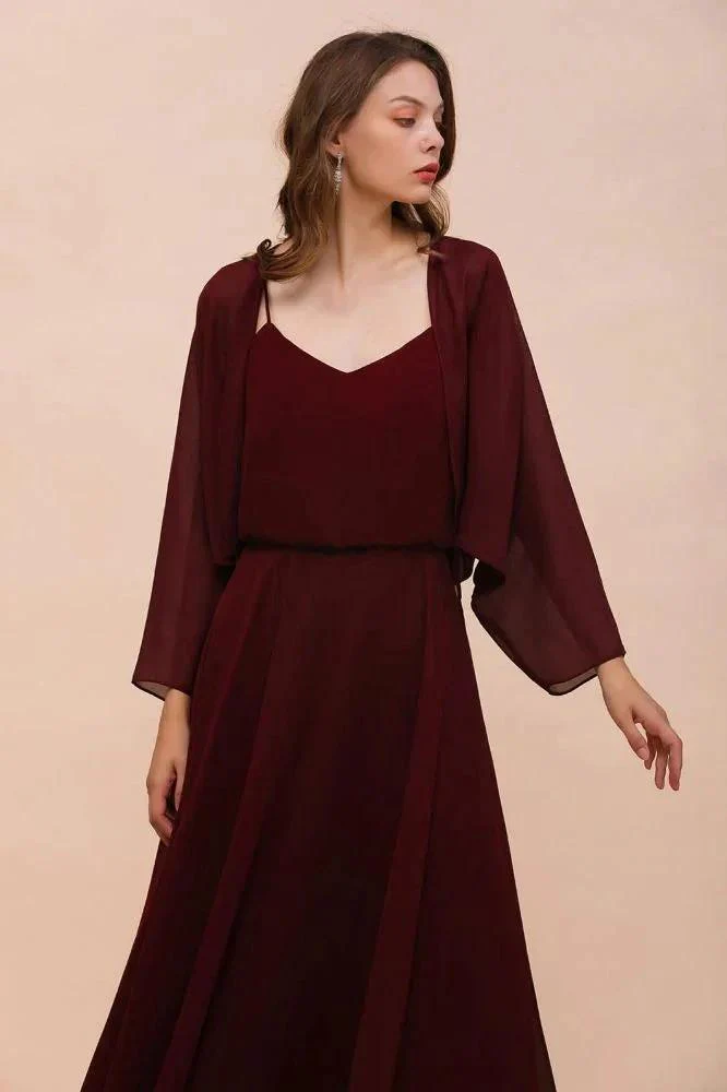 Spaghetti Sraps Burgundy Bridesmaid Dress with Wraps Floor Length Wedding Guest Dres - Image 7