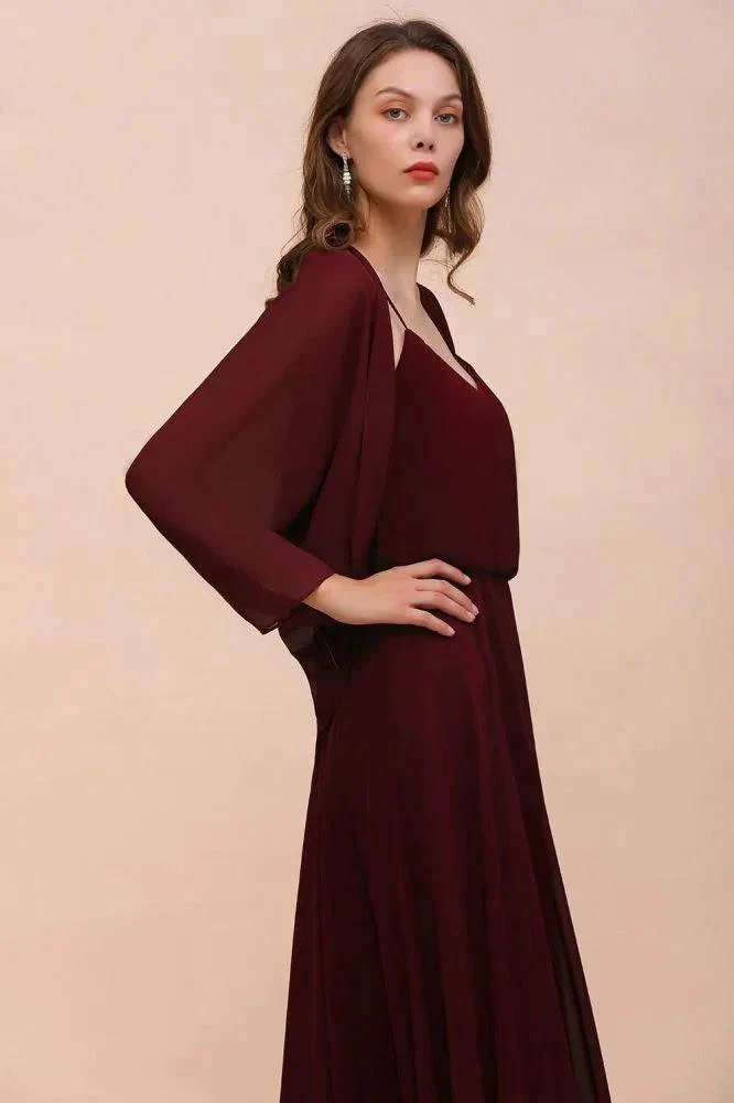 Spaghetti Sraps Burgundy Bridesmaid Dress with Wraps Floor Length Wedding Guest Dres - Image 8