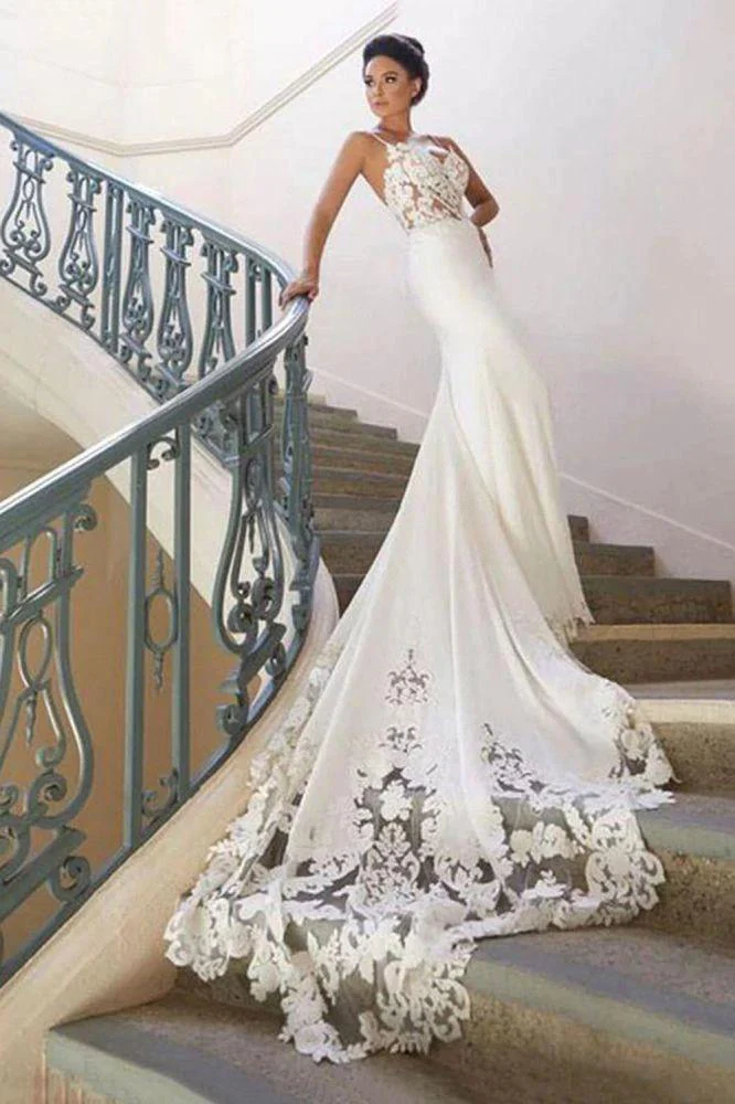 Spaghetti Strap Backless Applique Fitted Mermaid Wedding Dresses WD565 - Image 2