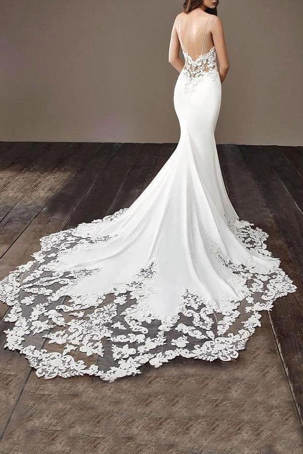 Spaghetti Strap Backless Applique Fitted Mermaid Wedding Dresses WD565 - Image 3