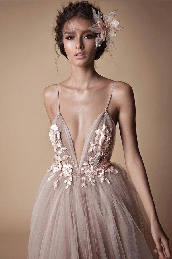 Spaghetti Strap Deep V Neck Beach Wedding Dresses With Applique  WD321 - Image 2