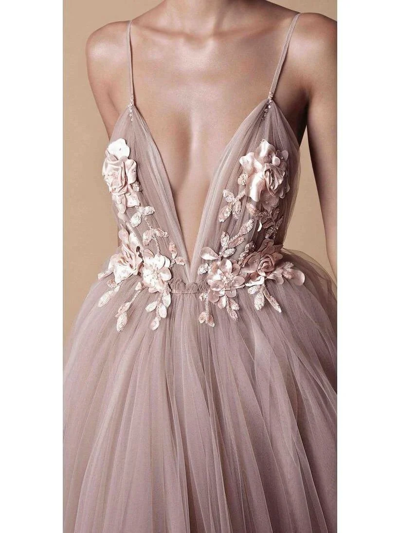 Spaghetti Strap Deep V Neck Beach Wedding Dresses With Applique  WD321 - Image 3