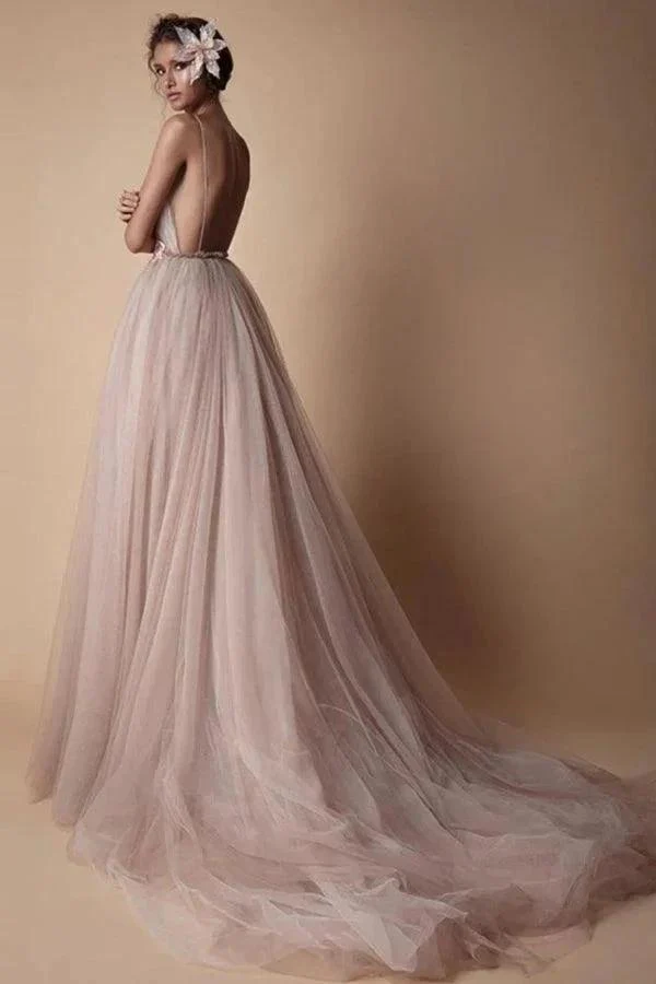 Spaghetti Strap Deep V Neck Beach Wedding Dresses With Applique  WD321 - Image 4