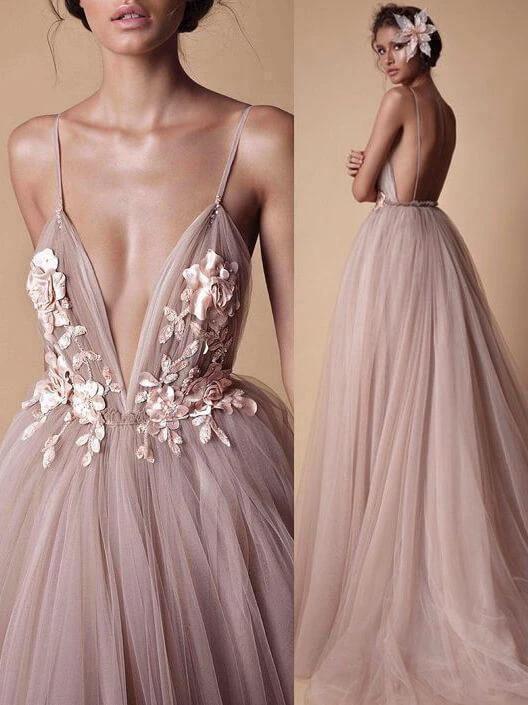 Spaghetti Strap Deep V Neck Beach Wedding Dresses With Applique  WD321 - Image 5