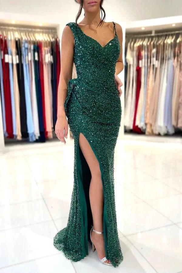 Spaghetti Strap Green Mermaid Long Prom Dress with Split Sequins - Image 4