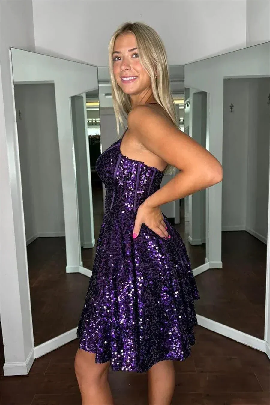 Spaghetti Strap Homecoming Dress Short Purple Prom Dress SYH95 - Image 3