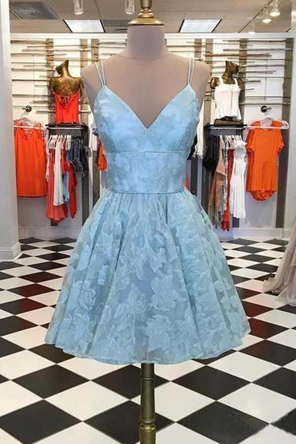 Spaghetti Strap Homecoming Dresses Jacquard V Neck Short Prom Dress PD392 - Image 2