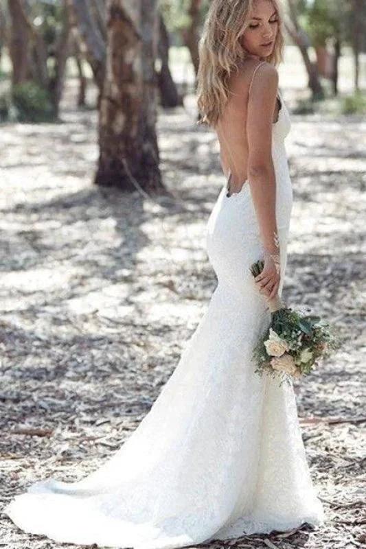 Spaghetti Strap Lace Beach Backless V Neck Sweep Train Long Elegant Wedding Dresses - Image 2