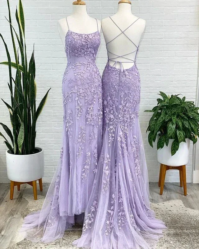 Spaghetti Strap Mermaid Lace Appliques Tulle Prom Dresses Long Criss Cross Backless Formal Evening Dress Y7383 - Image 2