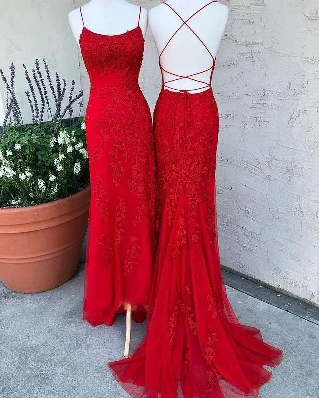 Spaghetti Strap Mermaid Lace Appliques Tulle Prom Dresses Long Criss Cross Backless Formal Evening Dress Y7383 - Image 3
