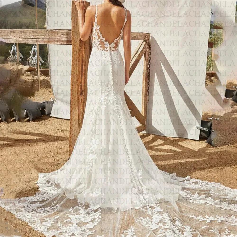 Spaghetti Strap Mermaid Wedding Dresses For Bride Satin V-Neck Appliques Backless Sleeveless Customised Robe De Mariée - Image 2
