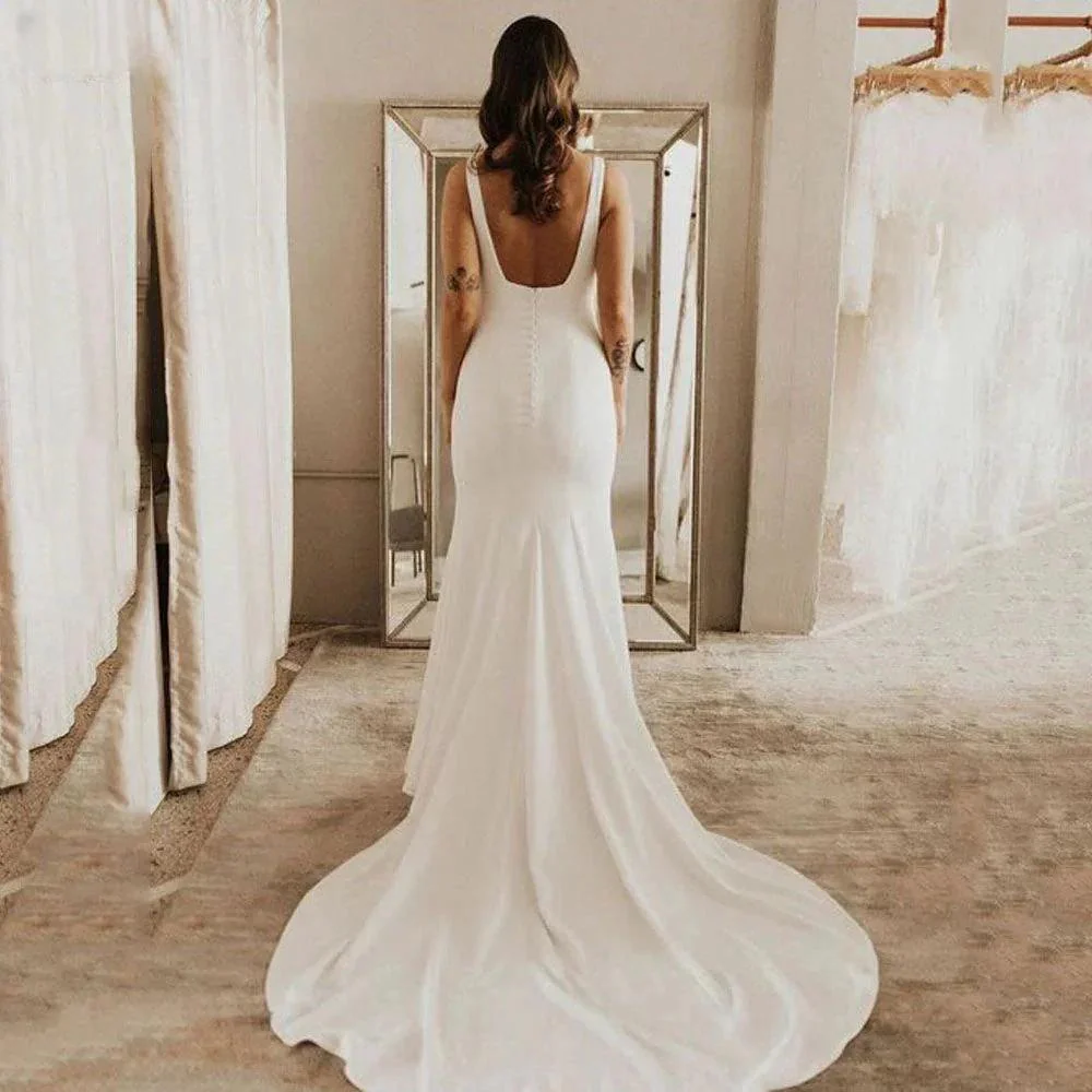 Spaghetti Strap Mermaid Wedding Dresses Women Square Neck Backless Simple Bridal Gowns Soft Stain Robe - Image 2