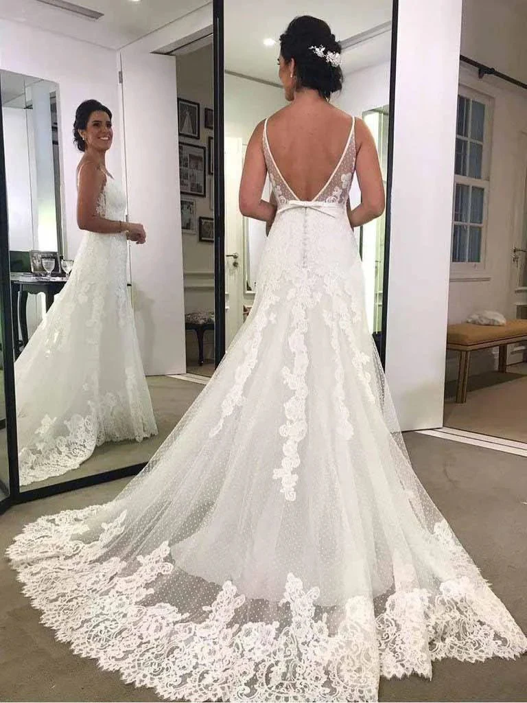 Spaghetti Strap Printed Backless Lace Beach Wedding Dresses with Sash   WD428 - Image 2