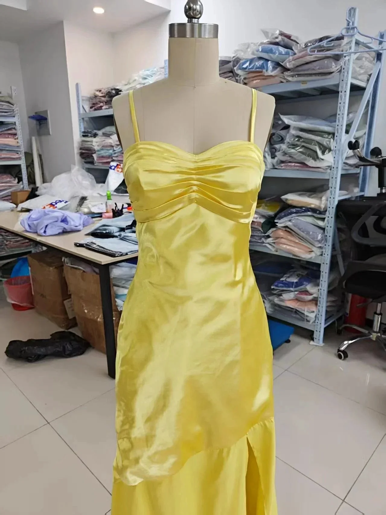 Spaghetti Strap Satin Prom Dresses Long A Line Pleated Corset Bridesmaid Formal Dress with Slit - Image 3