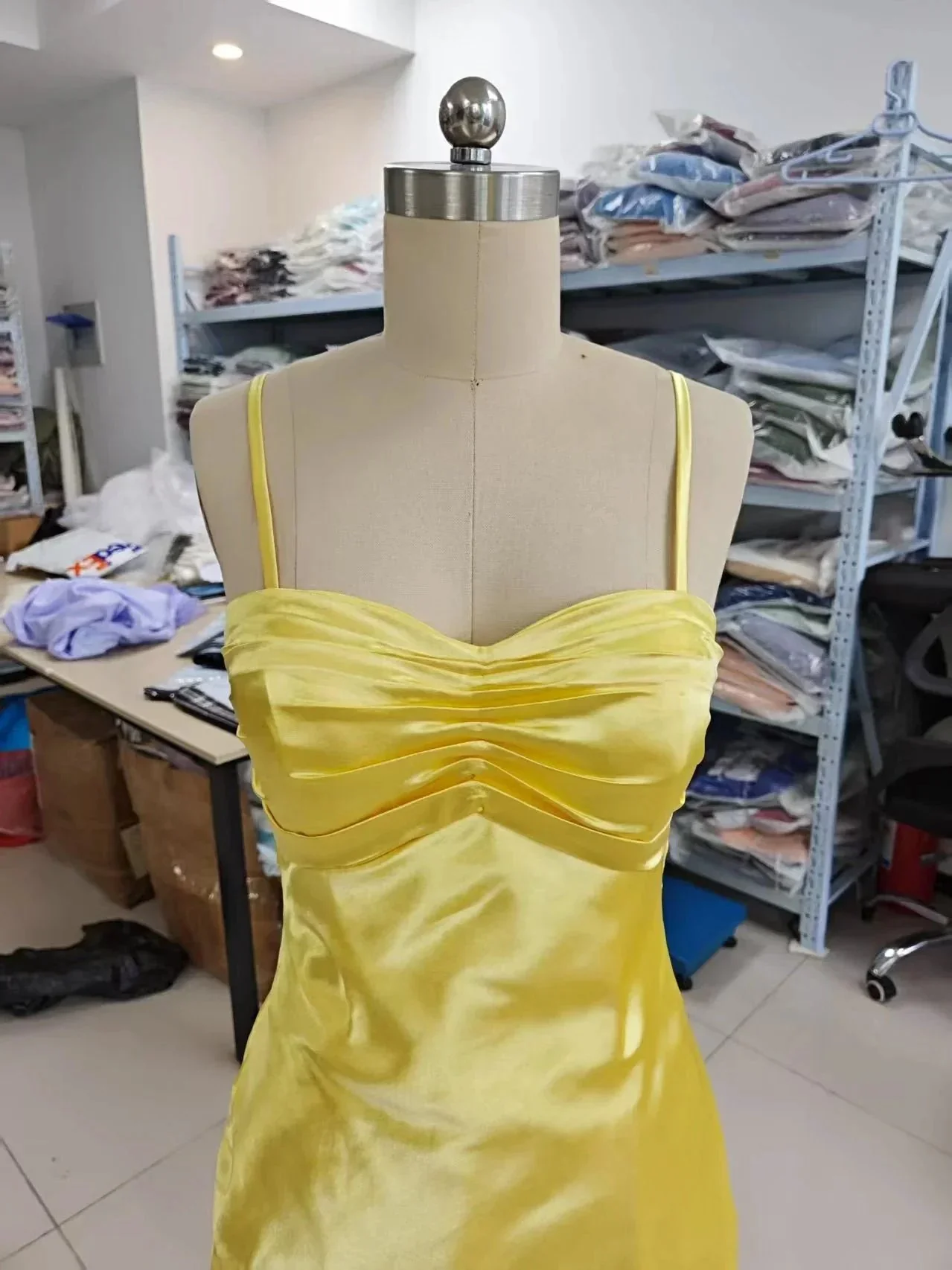 Spaghetti Strap Satin Prom Dresses Long A Line Pleated Corset Bridesmaid Formal Dress with Slit - Image 5