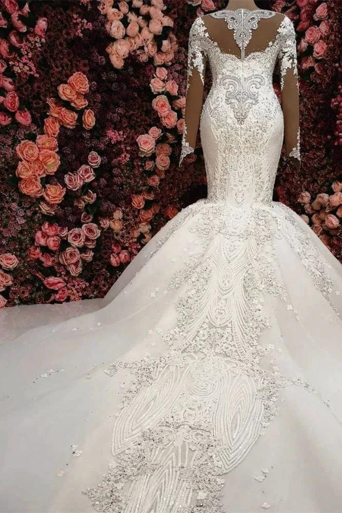 Gorgeous Crystals Mermaid Bridal Wears Long Sleeves Chapel Train Wedding Dress - Image 2