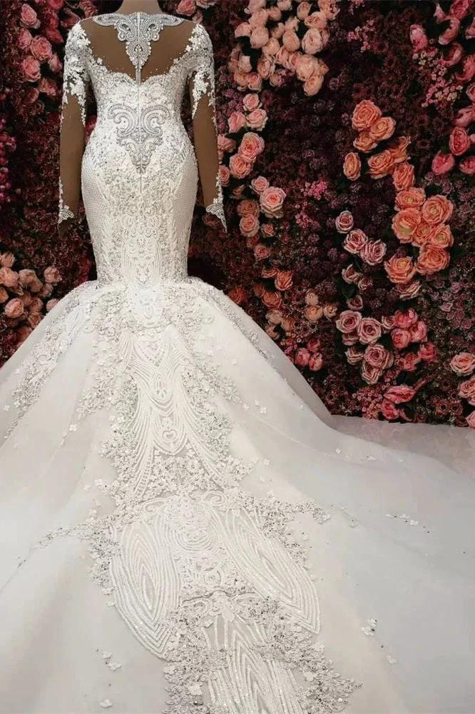 Gorgeous Crystals Mermaid Bridal Wears Long Sleeves Chapel Train Wedding Dress - Image 3