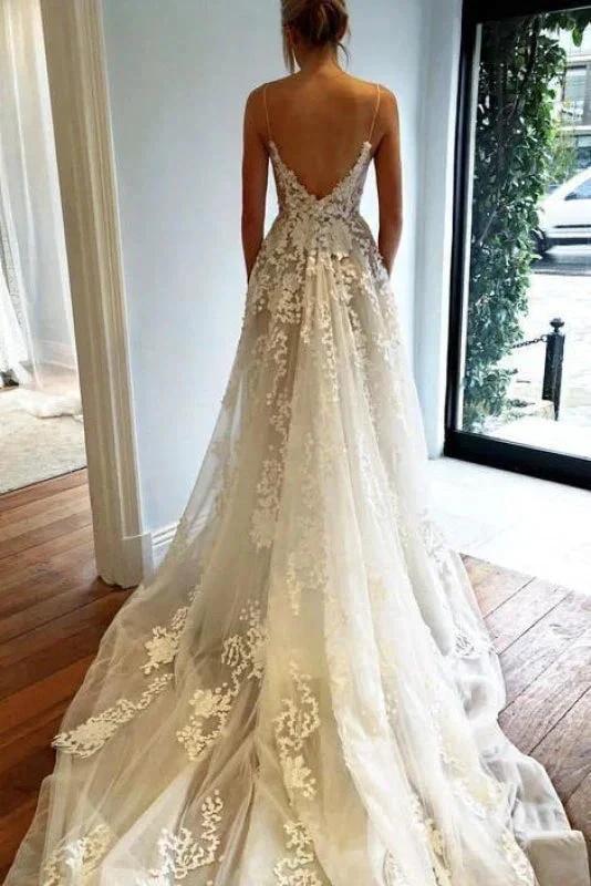 Spaghetti Strap V Neck Beach Court Train Tulle Elegant Wedding Dresses with Lace - Image 2