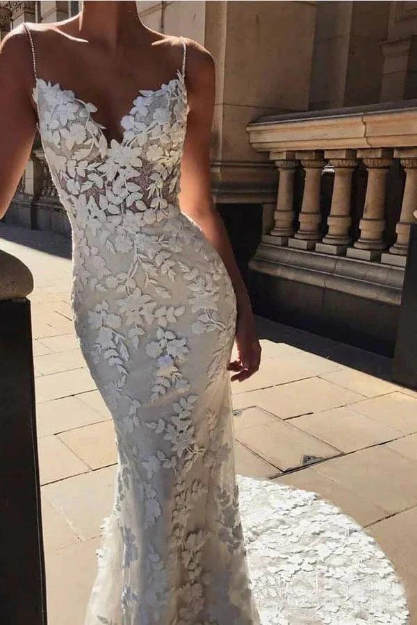 Spaghetti Strap Vintage Mermaid Lace Appliques Wedding Dress,MW288 - Image 3