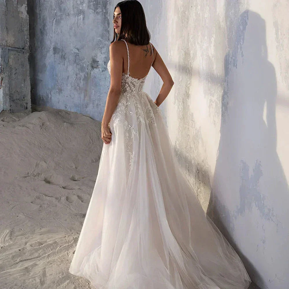 Spaghetti Strap Wedding Dress A-Line Sleeveless Side Slit Lace Appliques Backless Custom Made To Measures Robe De Mariee Beach - Image 2