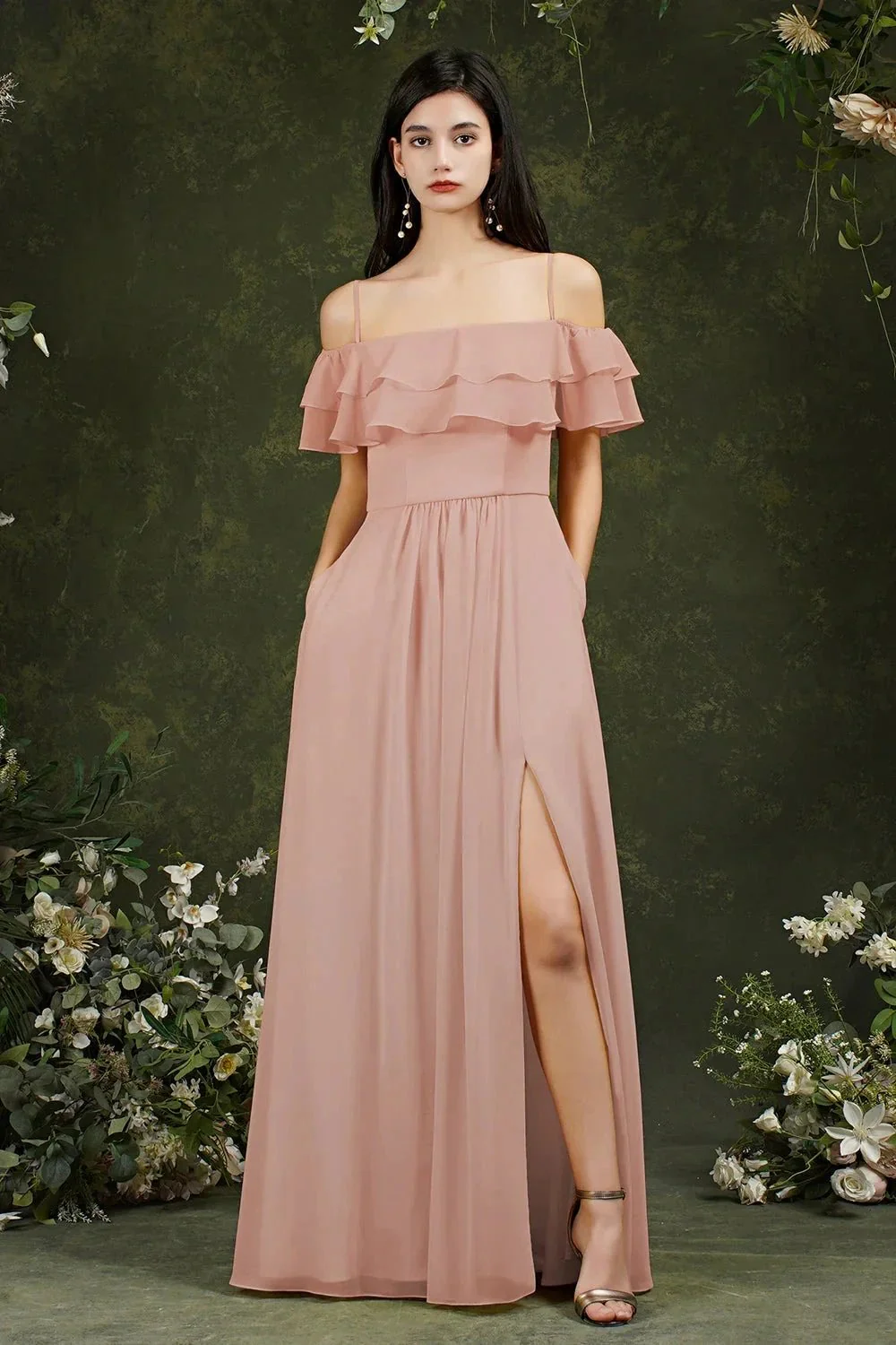 Spaghetti Strapes Off-the-shoulder Split Front Tulle Prom Dress - Image 4