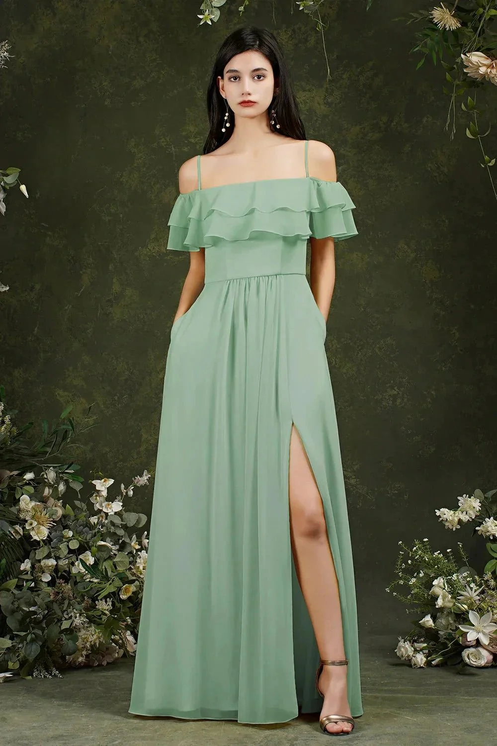 Spaghetti Strapes Off-the-shoulder Split Front Tulle Prom Dress - Image 5