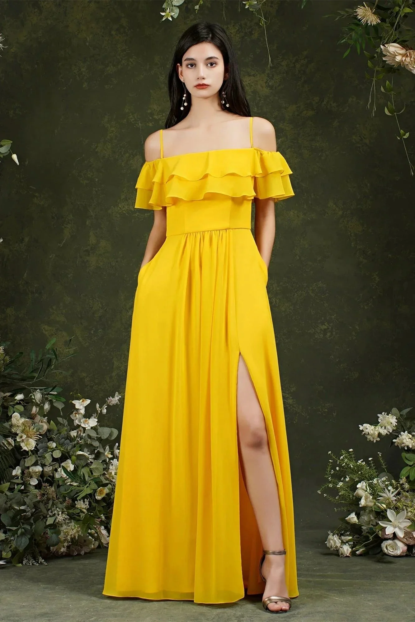 Spaghetti Strapes Off-the-shoulder Split Front Tulle Prom Dress - Image 6