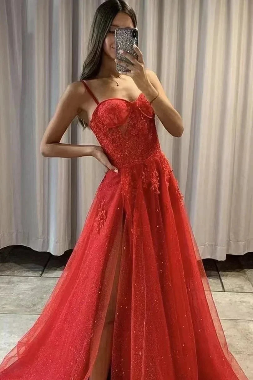 Spaghetti Straps A Line Tulle Long Prom Dress with Slit and Appliques Lace - Image 2