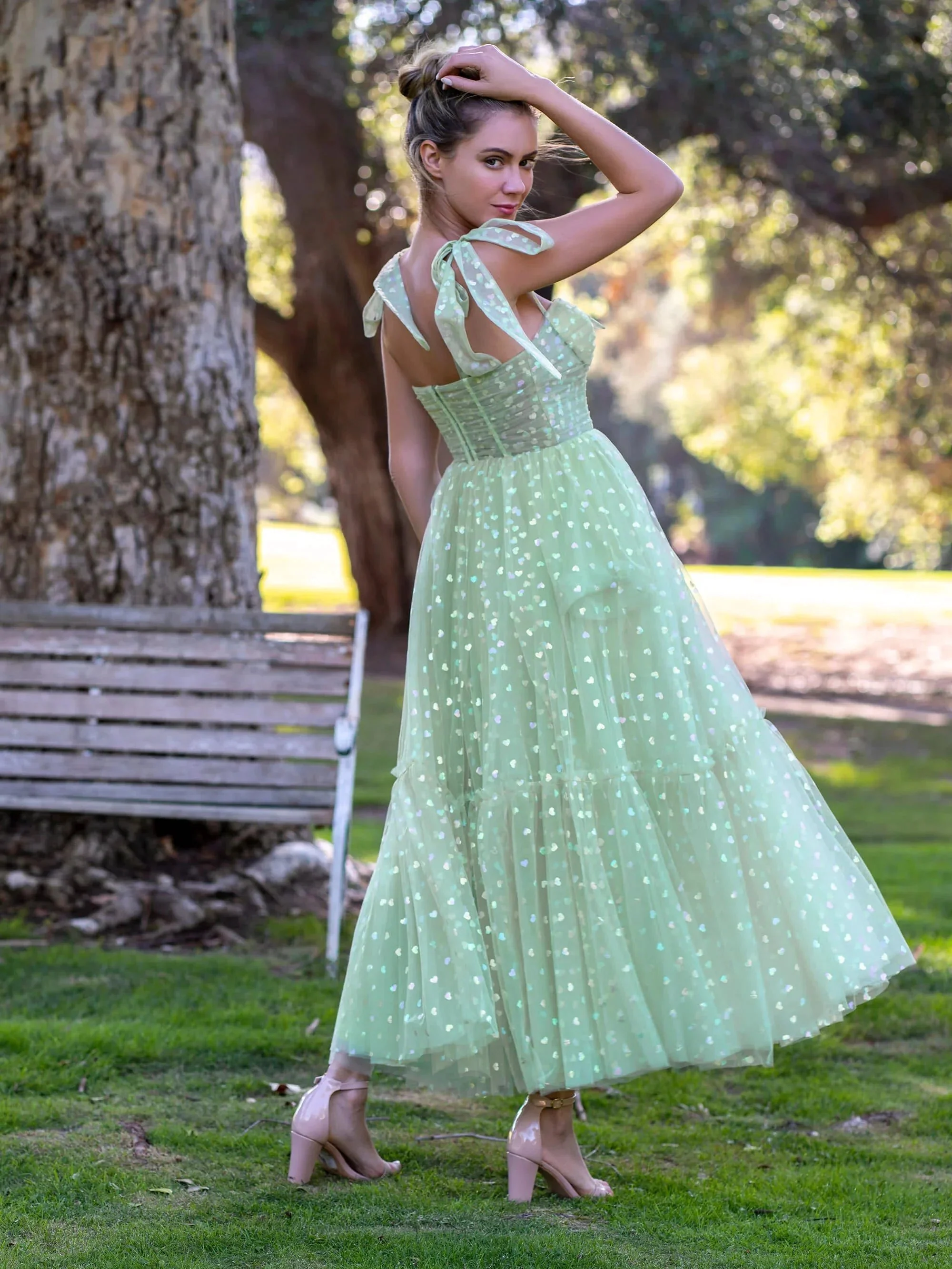 Corset Bow Straps Tulle Glitter Hearts Ankle Length Prom Dress - Image 2